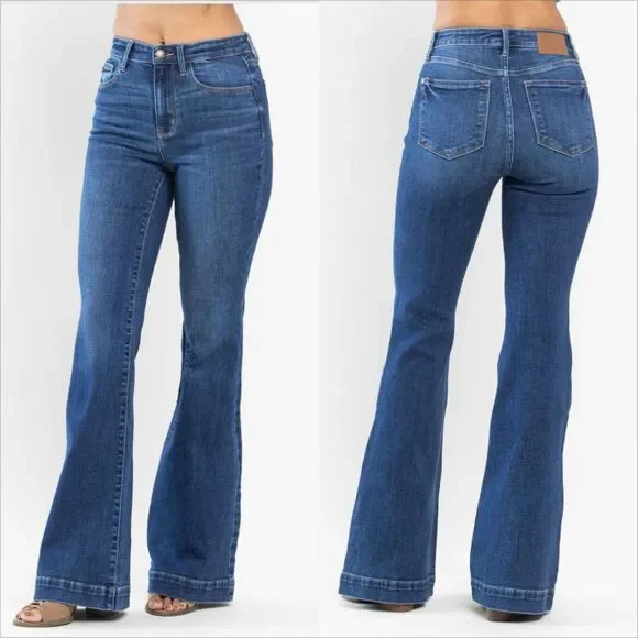 Judy Blue High Waist Wide Hem Flare Jeans Size 13/31 Medium Wash Stretch - Picture 1 of 8